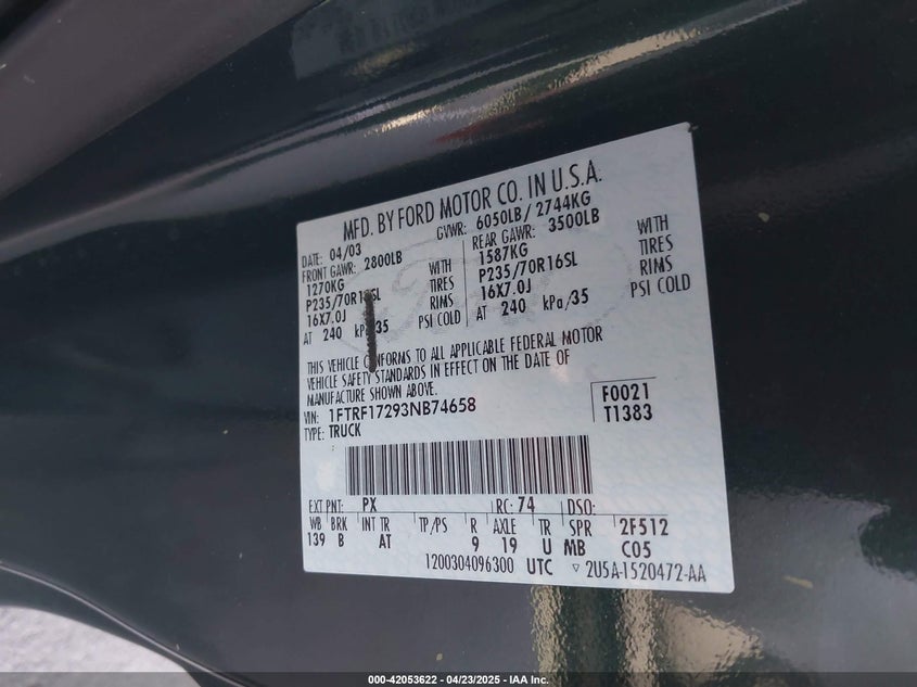 2003 Ford F-150 Xl/Xlt VIN: 1FTRF17293NB74658 Lot: 42053622