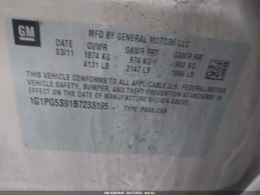 2011 CHEVROLET CRUZE VIN: 1G1PG5S91B7233195