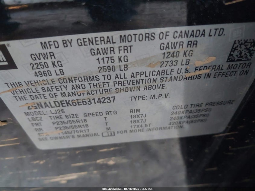 2014 CHEVROLET EQUINOX VIN: 2GNALDEK6E6314237
