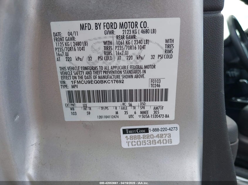 2011 FORD ESCAPE VIN: 1FMCU9EG0BKC17692