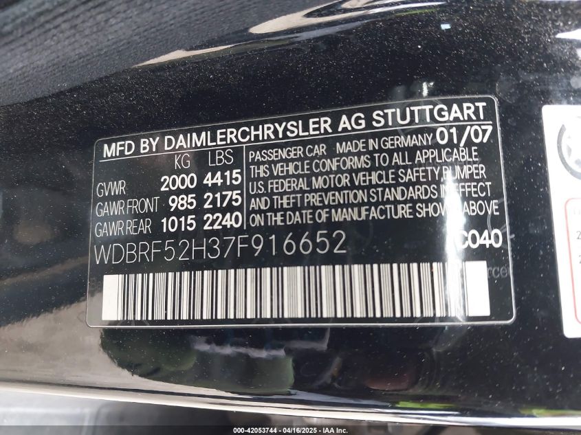 2007 Mercedes-Benz C 230 Sport VIN: WDBRF52H37F916652 Lot: 42053744