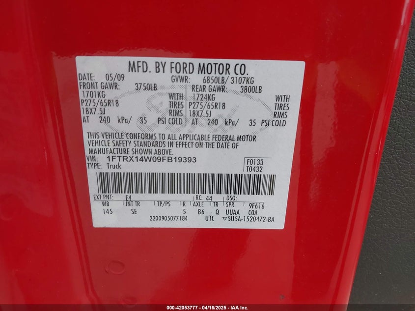 2009 FORD F-150 VIN: 1FTRX14W09FB19393