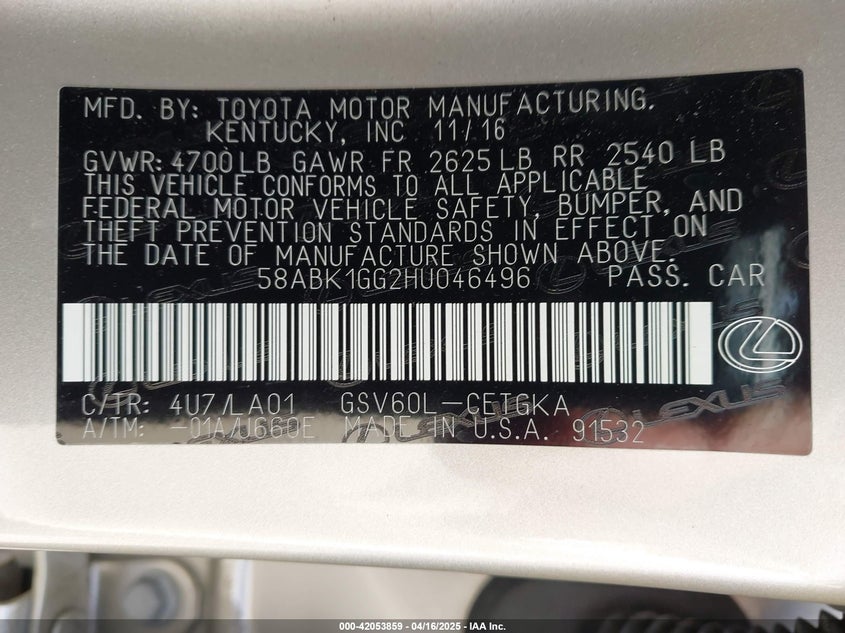 2017 LEXUS ES 350 - 58ABK1GG2HU046496