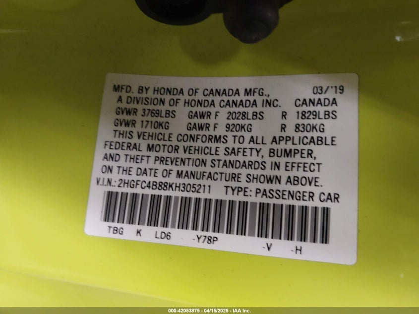 2019 HONDA CIVIC VIN: 2HGFC4B88KH305211
