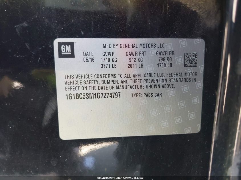 2016 Chevrolet Cruze Ls Auto VIN: 1G1BC5SM1G7274797 Lot: 42053991