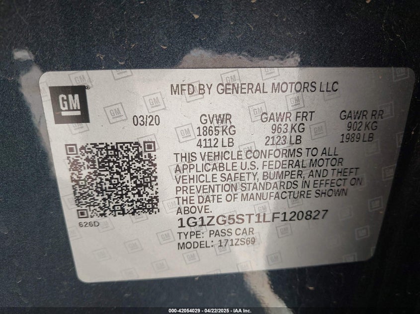 2020 CHEVROLET MALIBU VIN: 1G1ZG5ST1LF120827