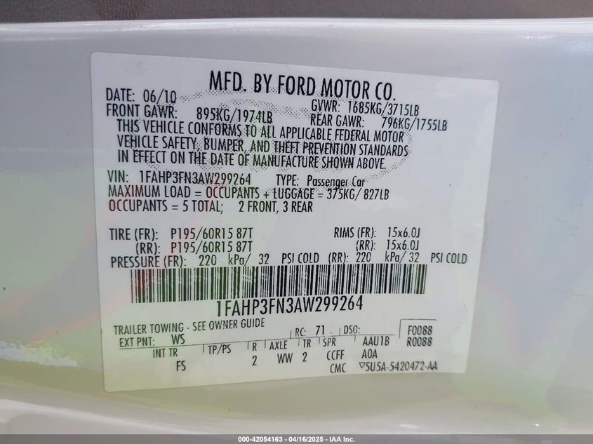 2010 FORD FOCUS VIN: 1FAHP3FN3AW299264