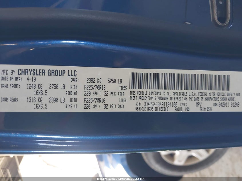 2010 DODGE JOURNEY VIN: 3D4PG4FB4AT194100
