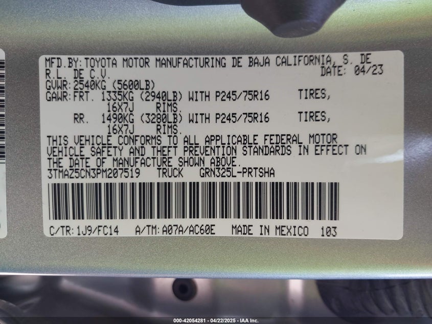 2023 TOYOTA TACOMA VIN: 3TMAZ5CN3PM207519