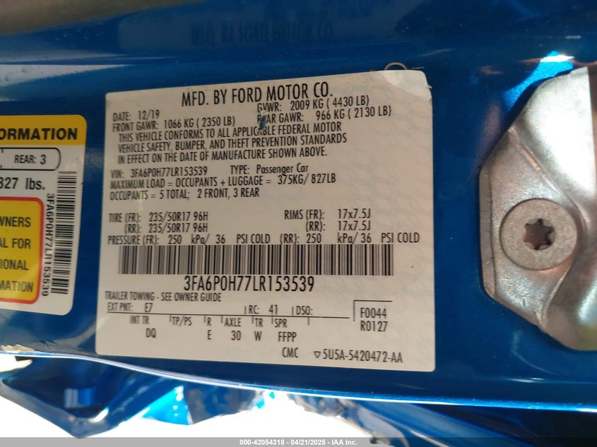 2020 FORD FUSION VIN: 3FA6P0H77LR153539