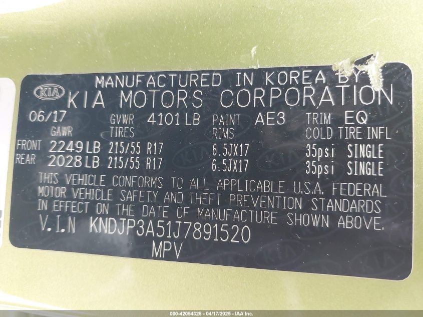 2018 Kia Soul + VIN: KNDJP3A51J7891520 Lot: 42054325