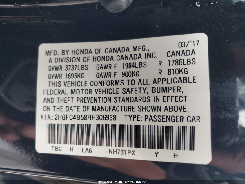 2017 HONDA CIVIC VIN: 2HGFC4B58HH306938