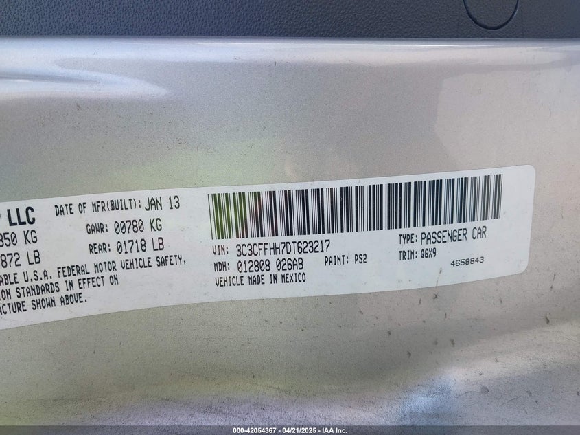 2013 FIAT 500 VIN: 3C3CFFHH7DT623217