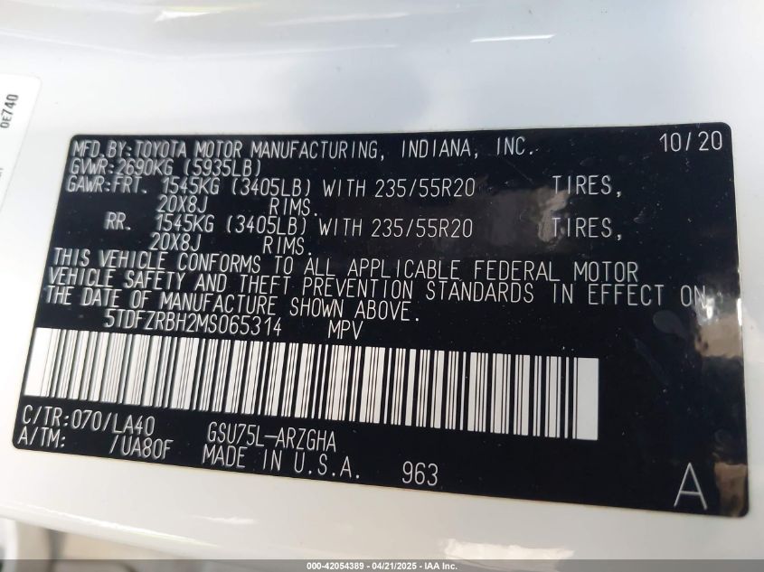 2021 Toyota Highlander Platinum VIN: 5TDFZRBH2MS065314 Lot: 42054389