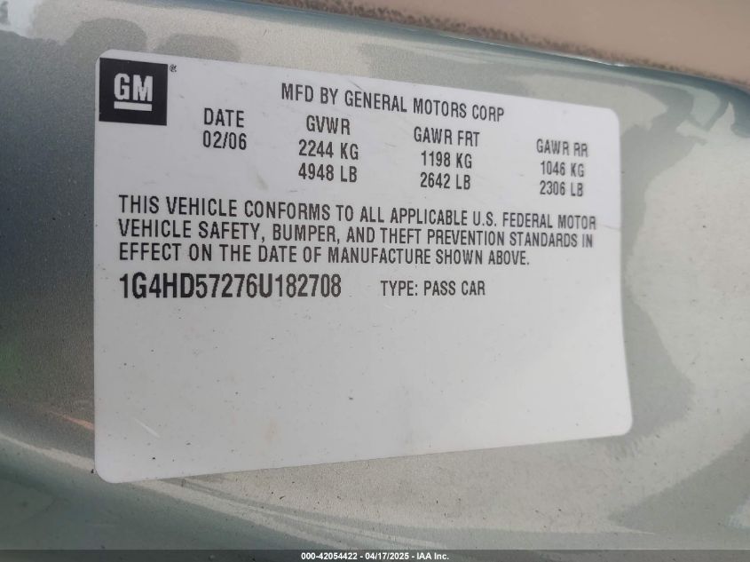 2006 Buick Lucerne Cxl VIN: 1G4HD57276U182708 Lot: 42054422