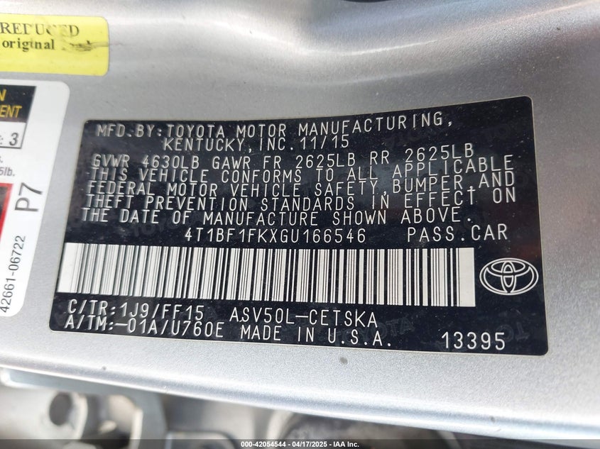 2016 TOYOTA CAMRY VIN: 4T1BF1FKXGU166546