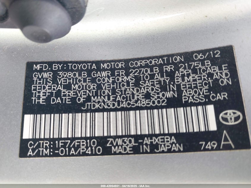 2012 TOYOTA PRIUS VIN: JTDKN3DU4C5485002