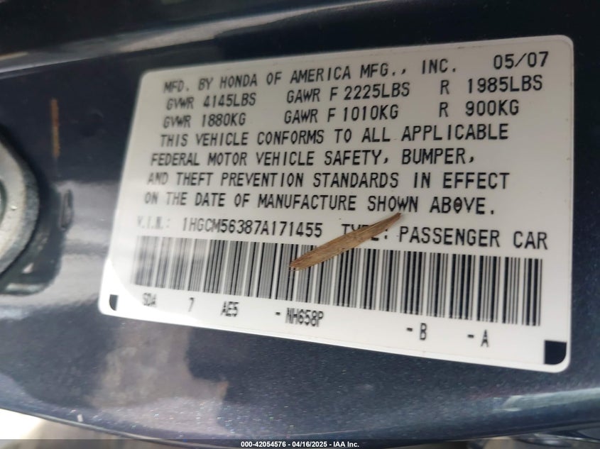 2007 HONDA ACCORD VIN: 1HGCM56387A171455