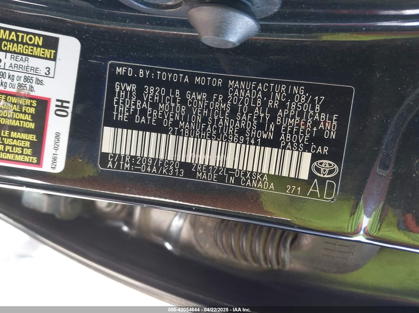 2018 TOYOTA COROLLA VIN: 2T1BURHE5JC969141