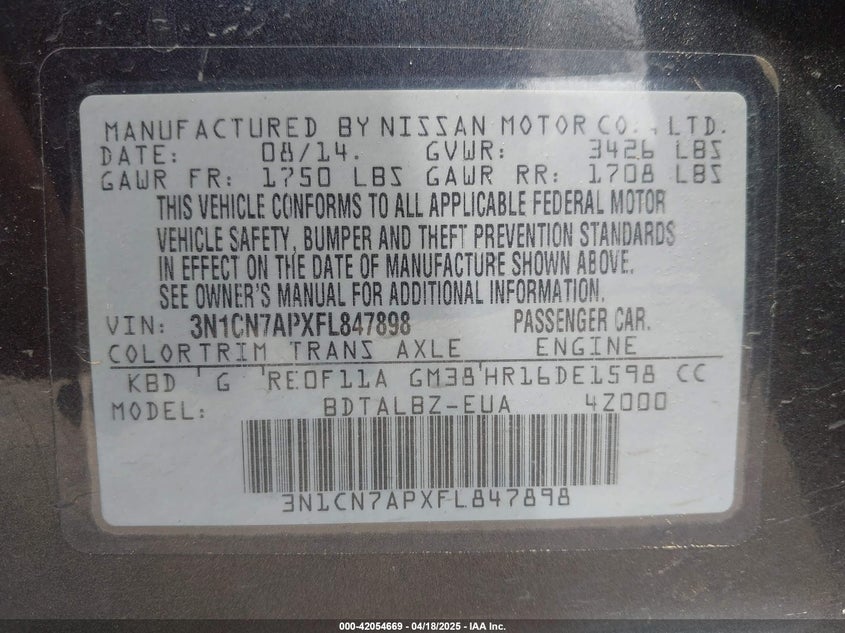 2015 NISSAN VERSA VIN: 3N1CN7APXFL847898