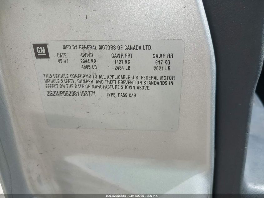 2008 Pontiac Grand Prix VIN: 2G2WP552081153771 Lot: 42054684