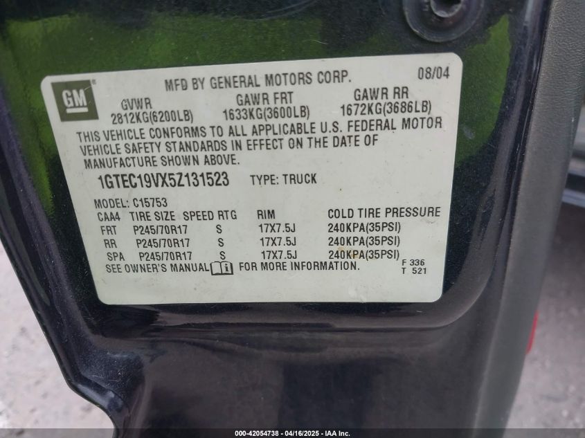 2005 GMC Sierra 1500 Sle VIN: 1GTEC19VX5Z131523 Lot: 42054738