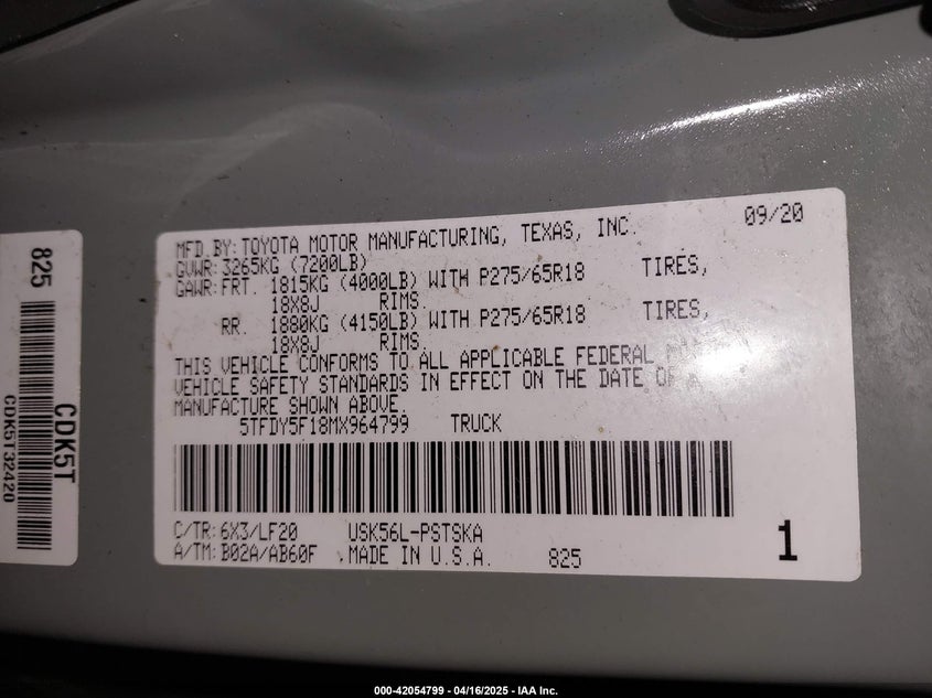 2021 Toyota Tundra Trd Pro VIN: 5TFDY5F18MX964799 Lot: 42054799