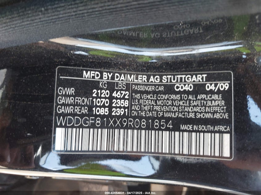 2009 MERCEDES-BENZ C 300 VIN: WDDGF81XX9R081854
