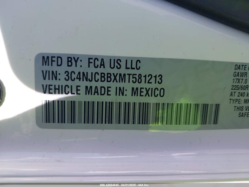 2021 Jeep Compass Latitude Fwd VIN: 3C4NJCBBXMT581213 Lot: 42054845