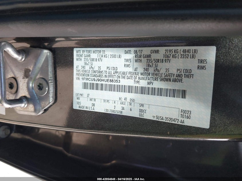 2017 FORD ESCAPE VIN: 1FMCU9J90HUE88353
