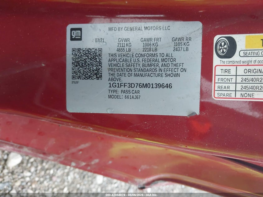 2021 CHEVROLET CAMARO VIN: 1G1FF3D76M0139646