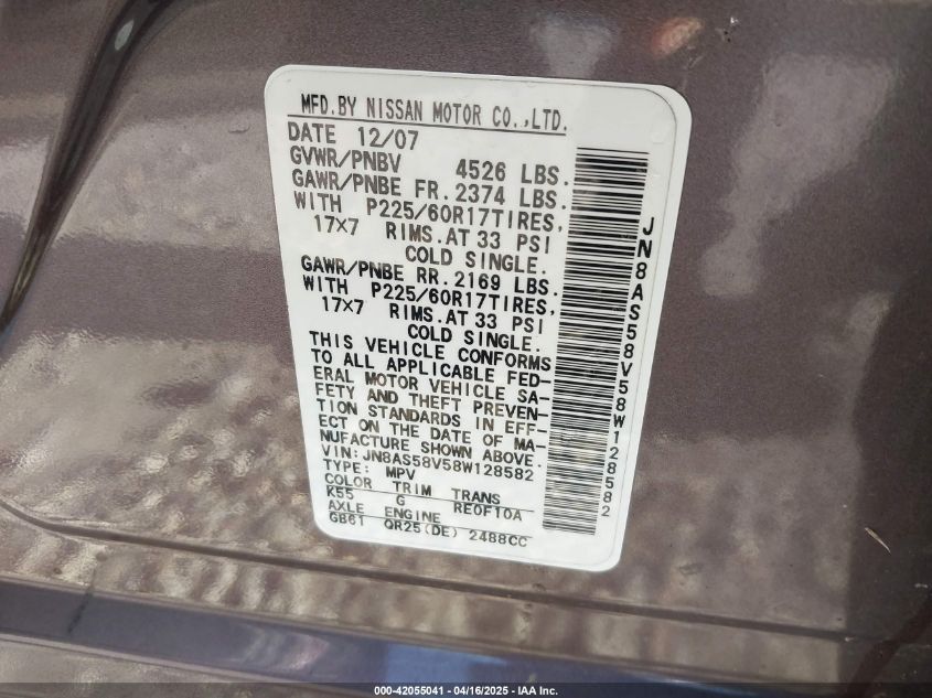 2008 Nissan Rogue Sl VIN: JN8AS58V58W128582 Lot: 42055041