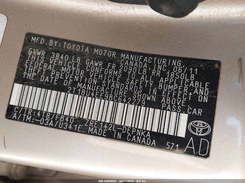 2011 TOYOTA COROLLA VIN: 2T1BU4EE9BC642279