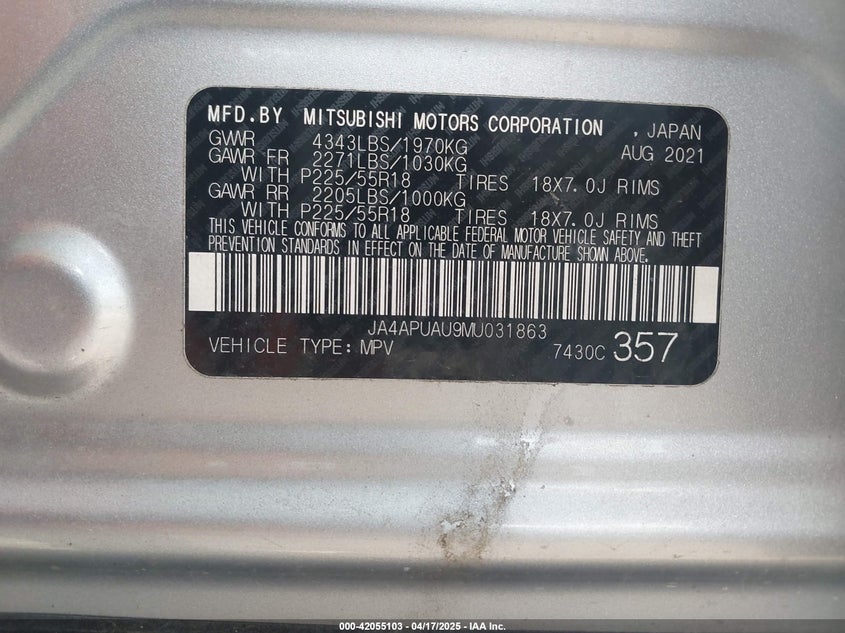 2021 MITSUBISHI OUTLANDER SPORT 2.0L I4 FI DOHC 16V (VIN: JA4APUAU9MU031863