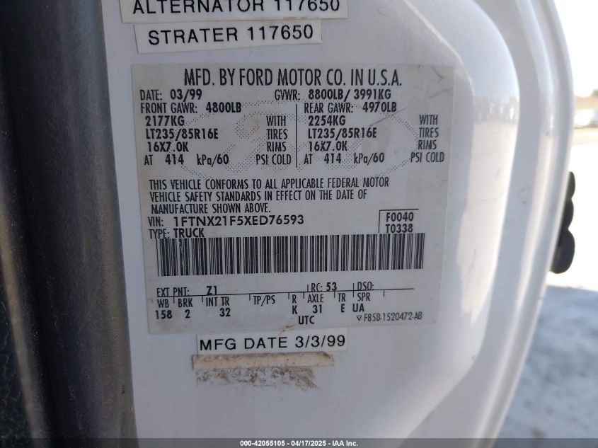 1999 Ford F-250 Lariat/Xl/Xlt VIN: 1FTNX21F5XED76593 Lot: 42055105