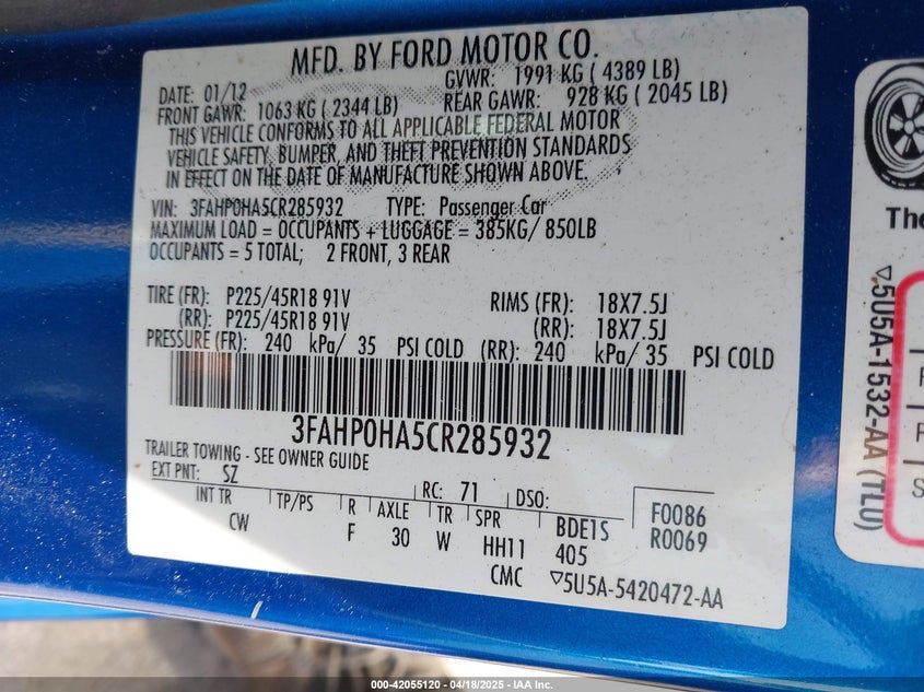 2012 FORD FUSION VIN: 3FAHP0HA5CR285932