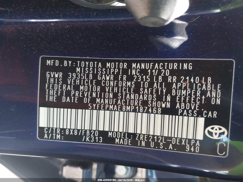 2021 TOYOTA COROLLA VIN: 5YFEPMAE8MP187468