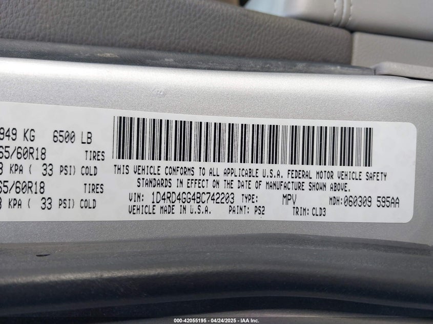 2011 DODGE DURANGO VIN: 1D4RD4GG4BC742203