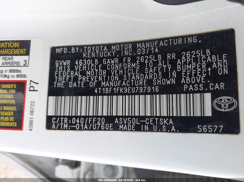 2014 TOYOTA CAMRY VIN: 4T1BF1FK9EU797916