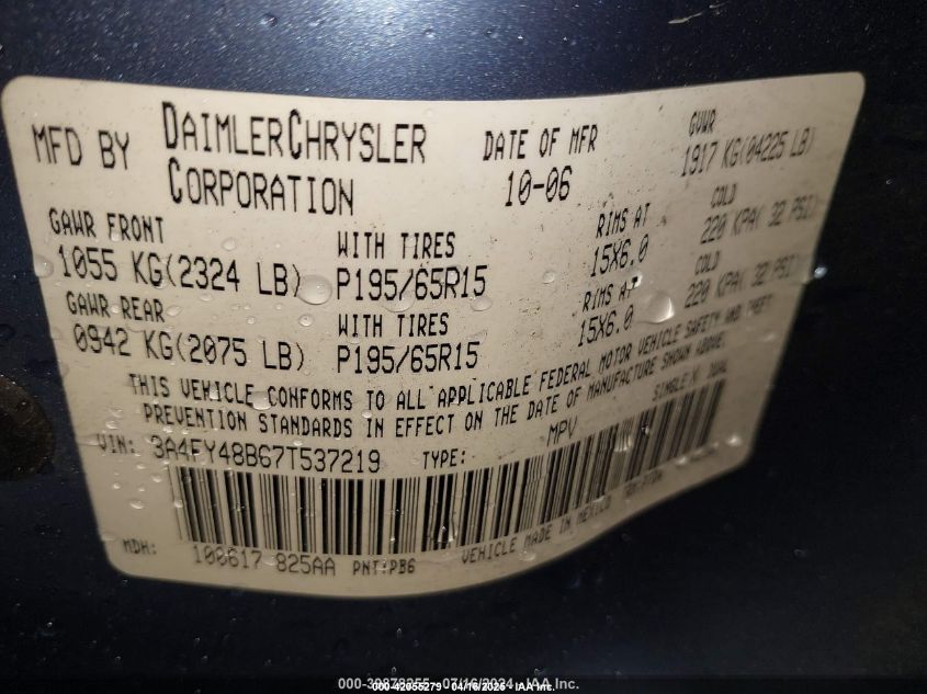 2007 Chrysler Pt Cruiser VIN: 3A4FY48B67T537219 Lot: 42055279