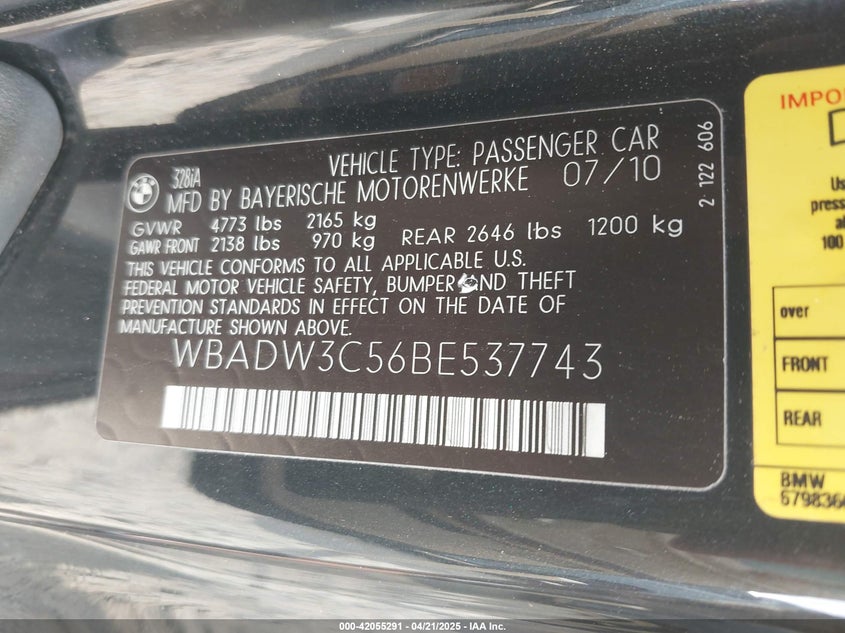 2011 BMW 328I VIN: WBADW3C56BE537743