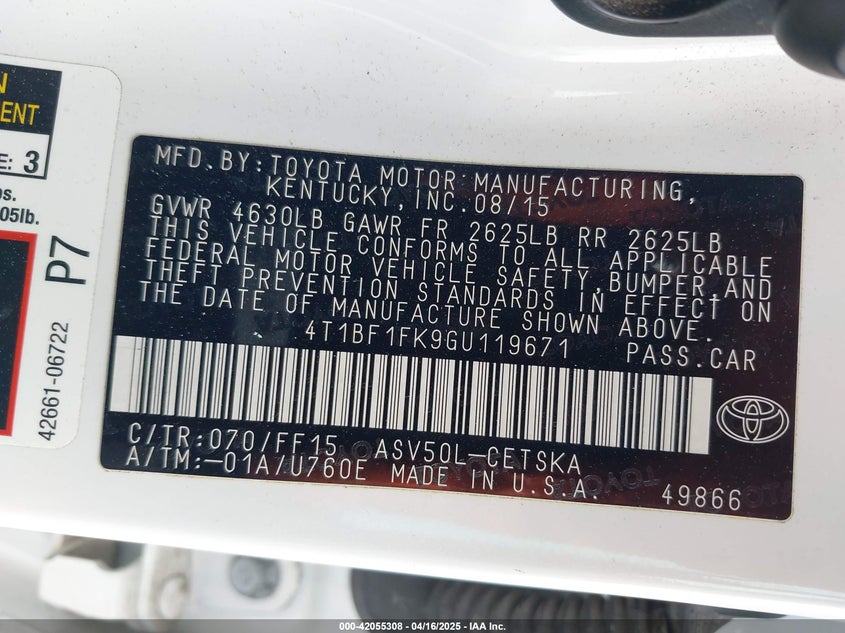 2016 TOYOTA CAMRY VIN: 4T1BF1FK9GU119671