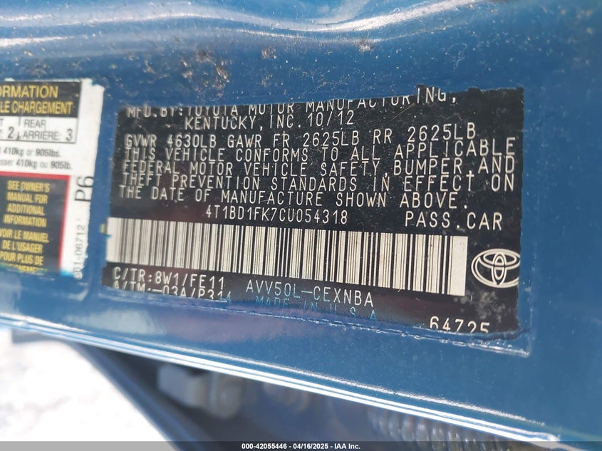 2012 TOYOTA CAMRY HYBRID VIN: 4T1BD1FK7CU054318