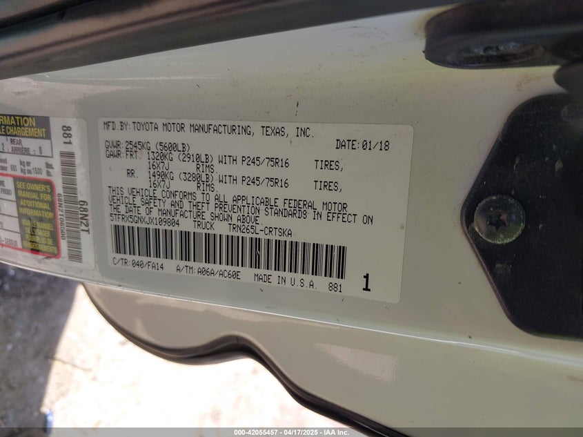 2018 TOYOTA TACOMA SR - 5TFRX5GNXJX109804