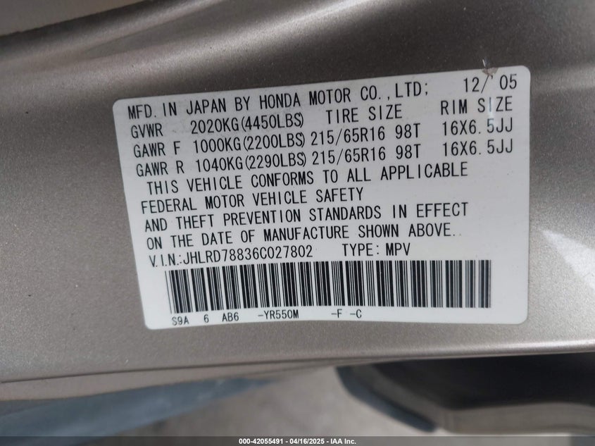 2006 HONDA CR-V VIN: JHLRD78836C027802