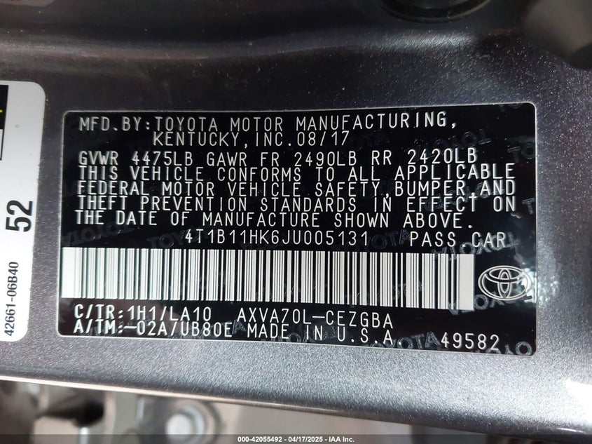 2018 TOYOTA CAMRY VIN: 4T1B11HK6JU005131