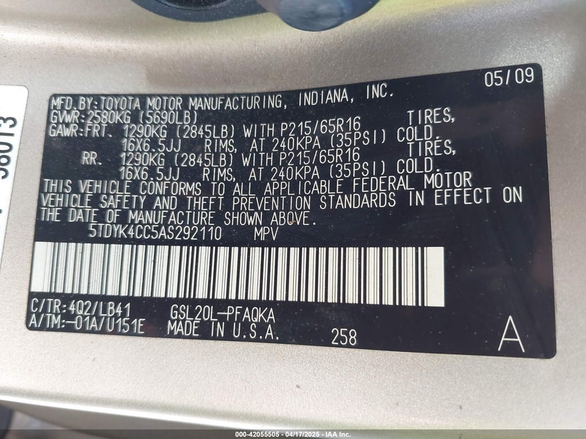 2010 TOYOTA SIENNA VIN: 5TDYK4CC5AS292110