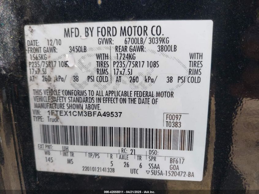 2011 Ford F-150 Xlt VIN: 1FTEX1CM3BFA49537 Lot: 42055511