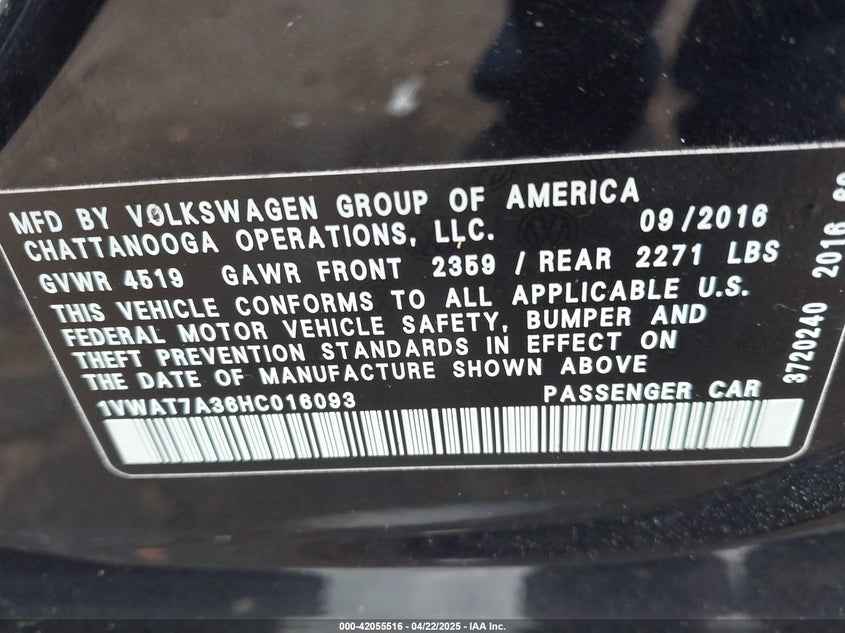 2017 VOLKSWAGEN PASSAT 1.8T S - 1VWAT7A36HC016093