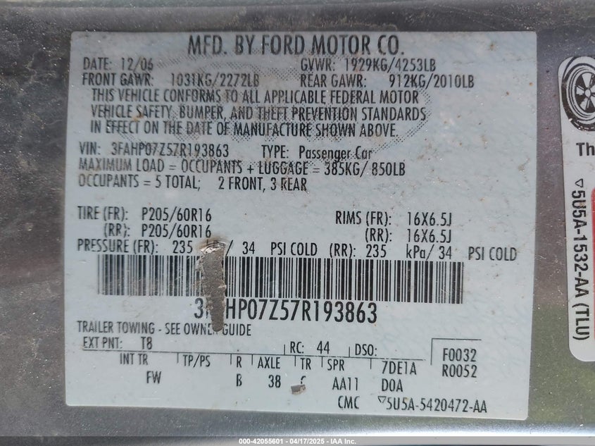 2007 FORD FUSION VIN: 3FAHP07Z57R193863